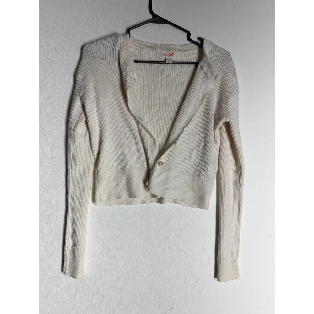 Cat & Jack Girls Cream Ribbed Cropped Cardigan Sweater Size L 10/12 Off White